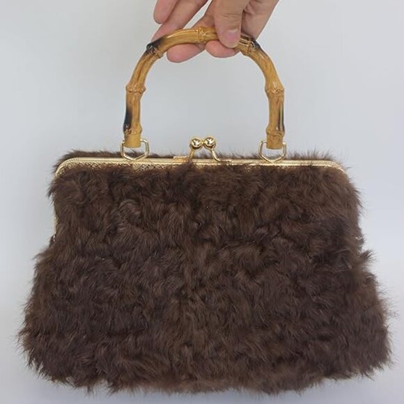Neiman Marcus Brown Curly Rabbit Fur Bamboo-Style Handle and Gold Kisslock Bag - Picture 1 of 5